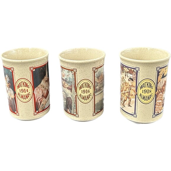 Watkins Almanac Stoneware Coffee Mugs made in England 1914, 1916, 1918 Set of 3 - Picture 2 of 6